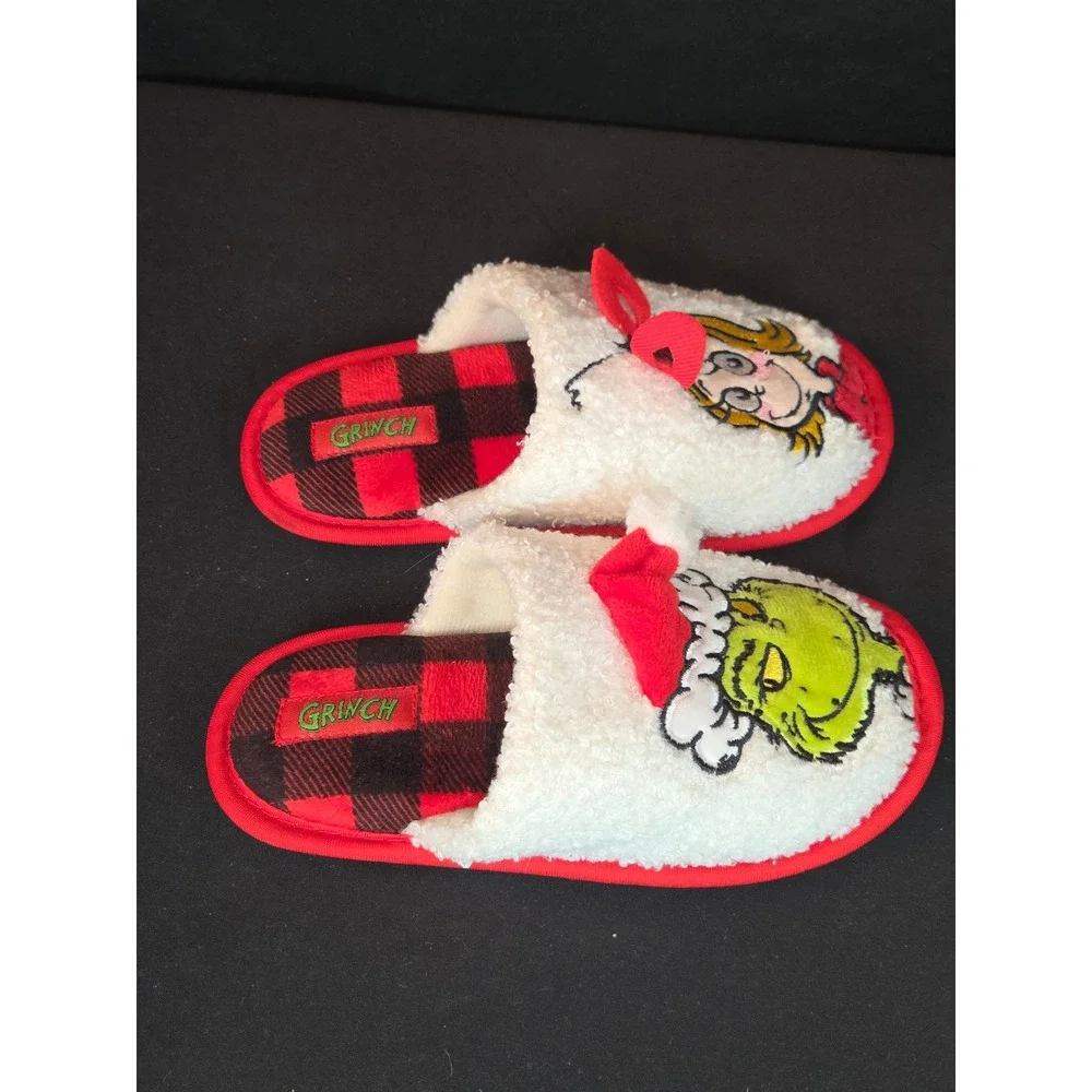 Grinch & Cindy Lou Who Holiday Slippers Cozy Plush Red‎ Plaid Kids Size 11-12